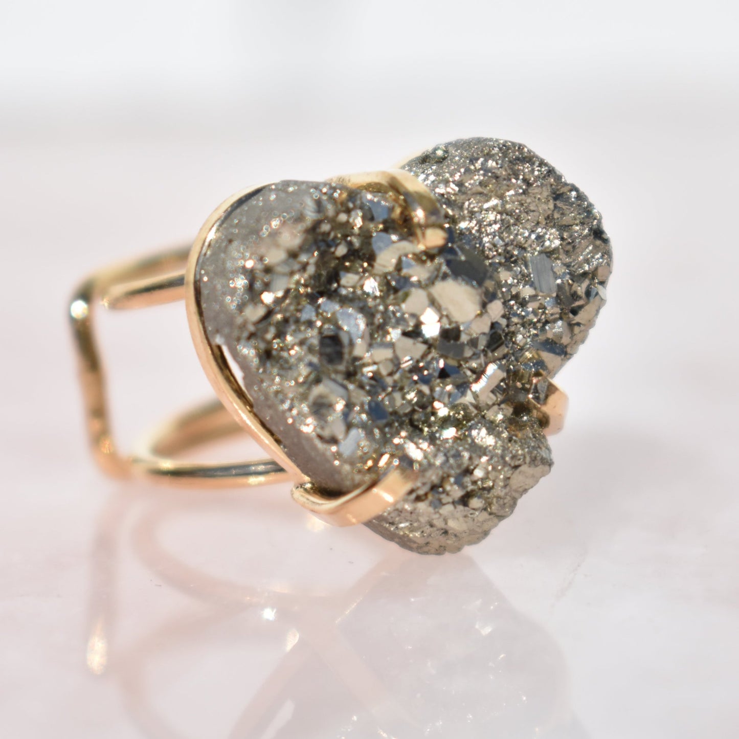 Pyrite Heart Double-Band Gold Ring